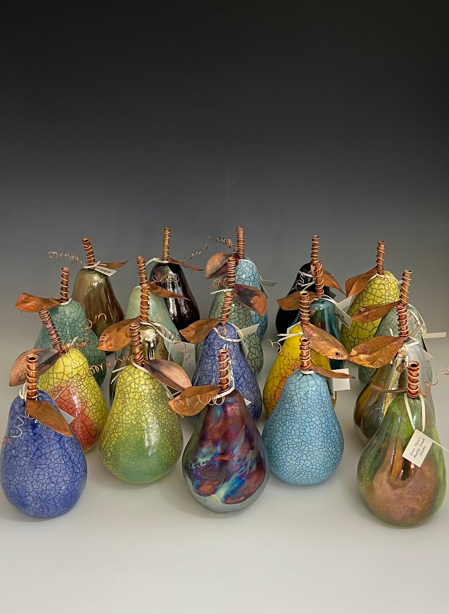 Raku Pear with copper stem and leaves by Muddy Creek Studio
