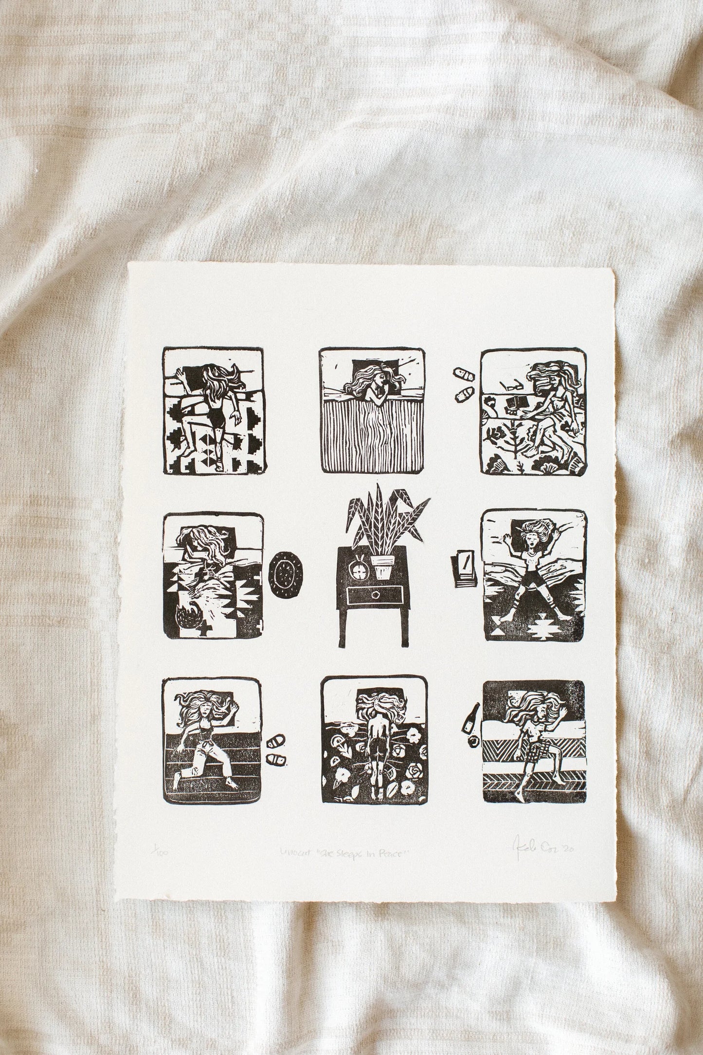 She Sleeps in Peace - linocut Print by Kelsi Cross