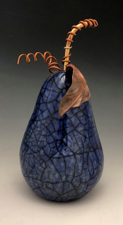 Raku Pear with copper stem and leaves by Muddy Creek Studio