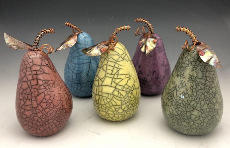 Raku Pear with copper stem and leaves by Muddy Creek Studio
