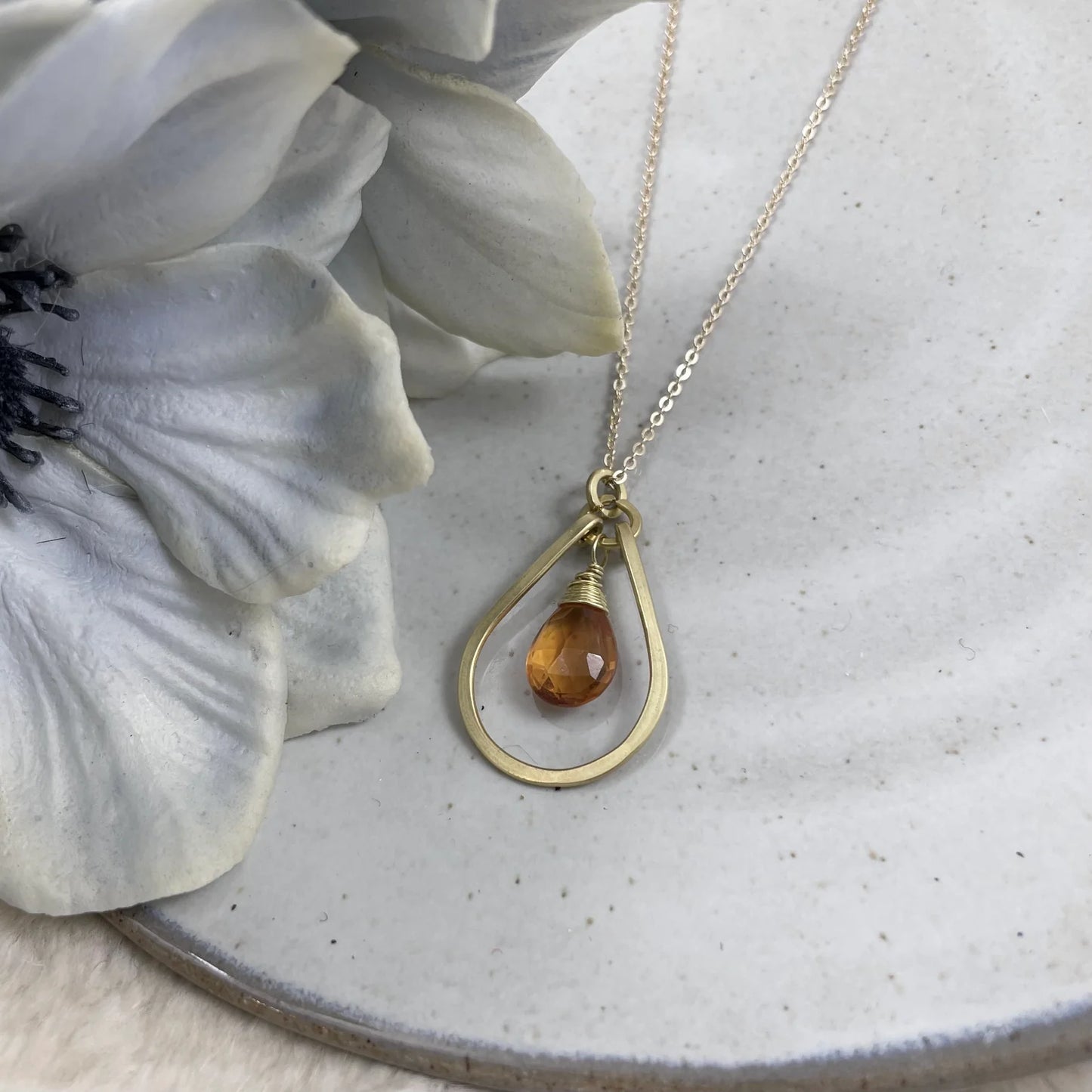 Small Teardrop and Stone Necklace - Brass by Mitch Jewelry