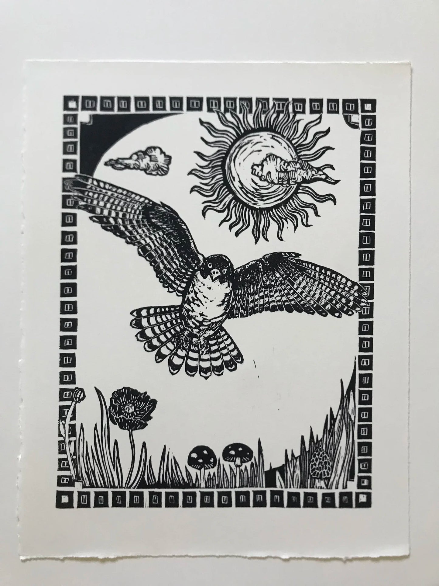 Falcon in Flight - linocut Print by Kelsi Cross