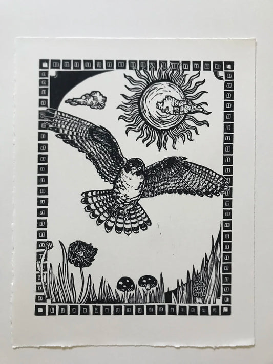 Falcon in Flight - linocut Print by Kelsi Cross