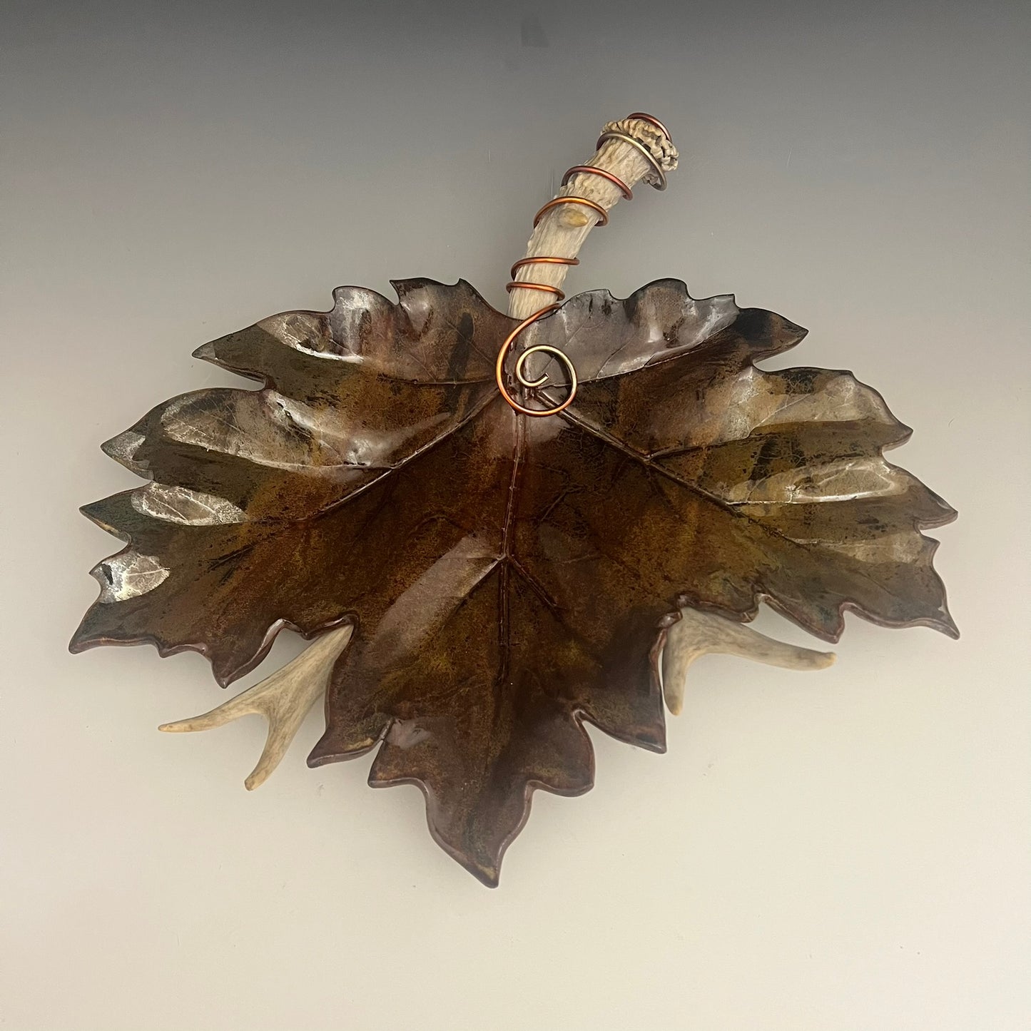 Ceramic Leaf on Deer Antler by Muddy Creek Studio