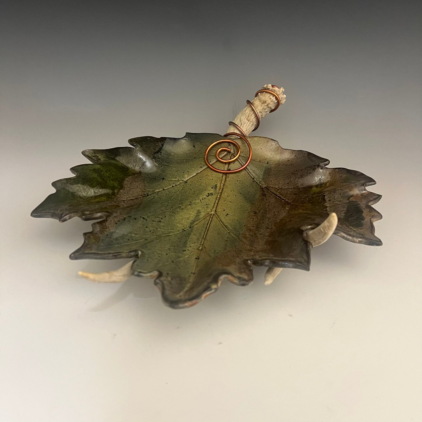 Ceramic Leaf on Deer Antler by Muddy Creek Studio