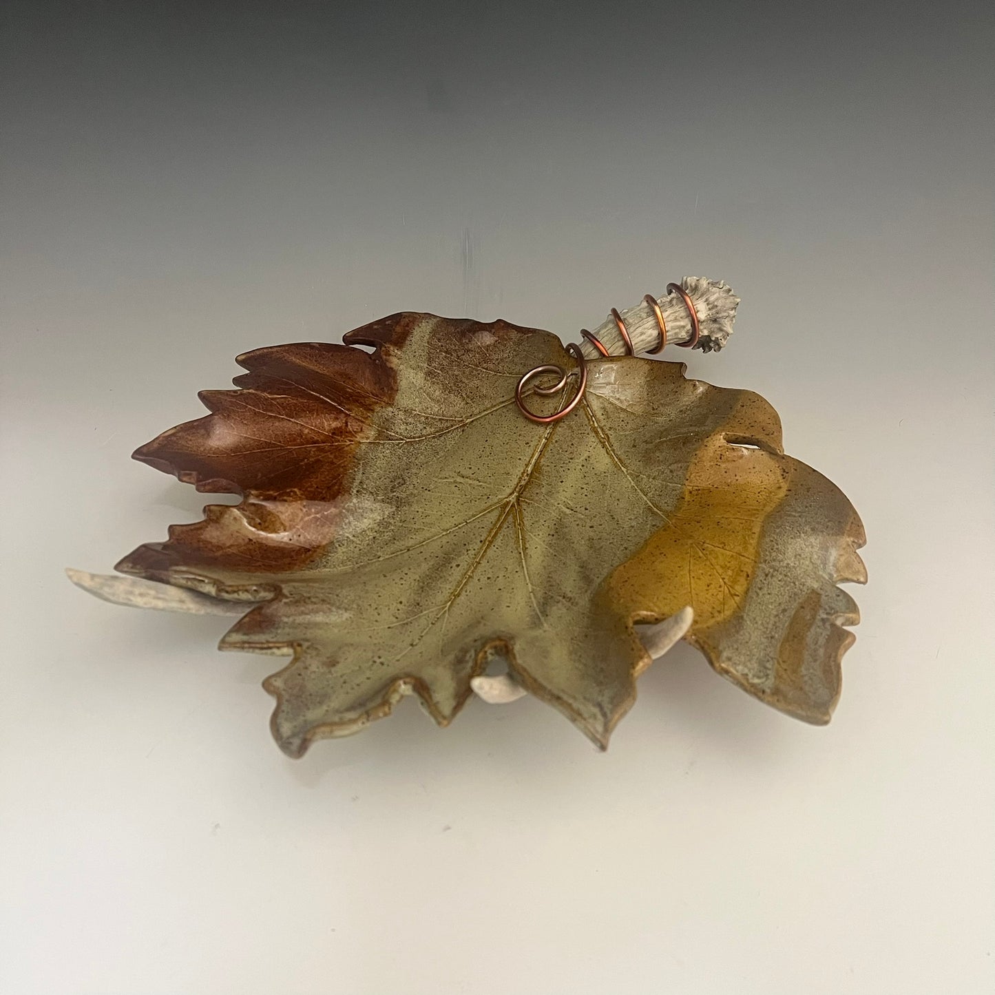 Ceramic Leaf on Deer Antler by Muddy Creek Studio
