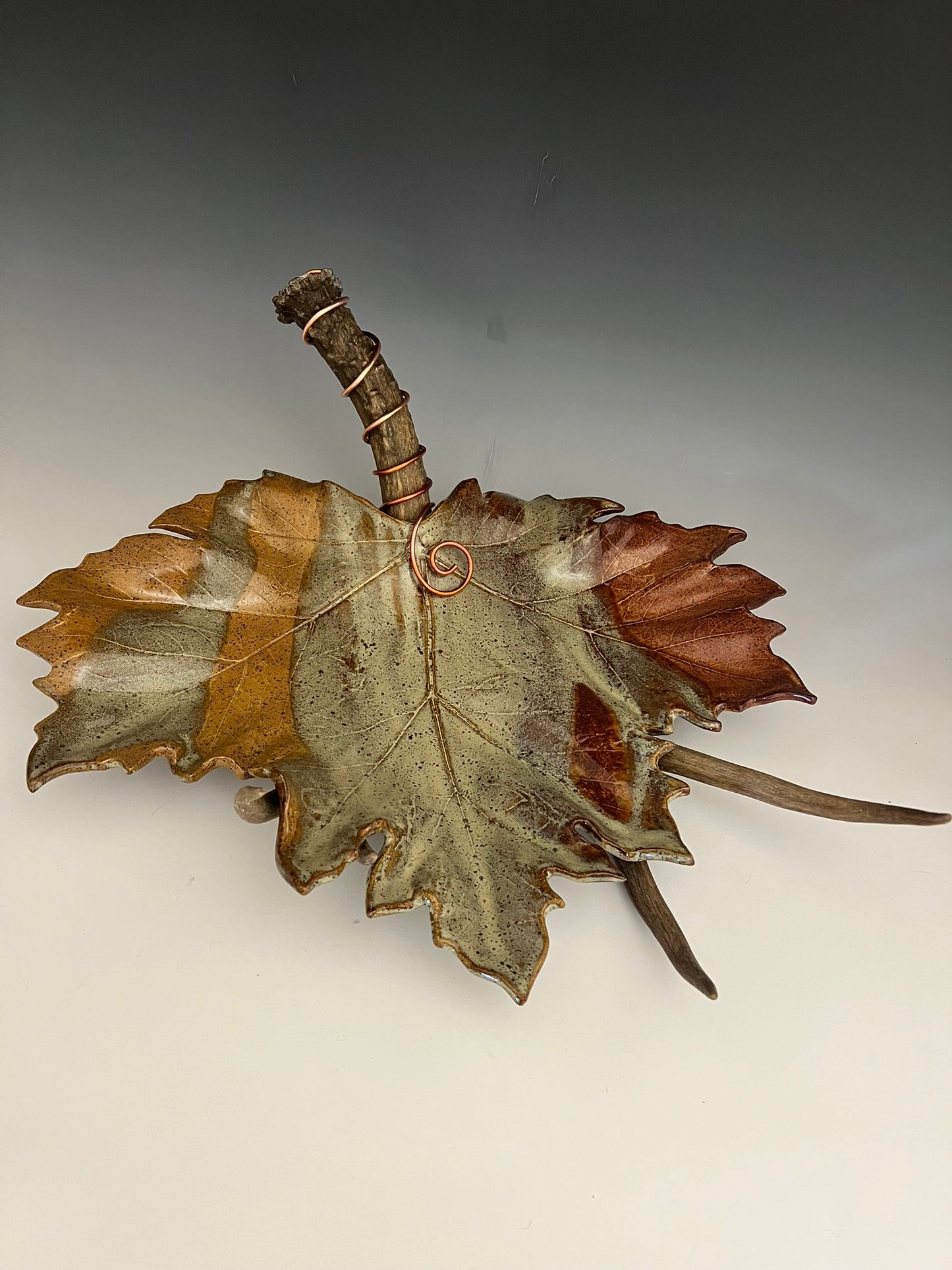 Ceramic Leaf on Deer Antler by Muddy Creek Studio