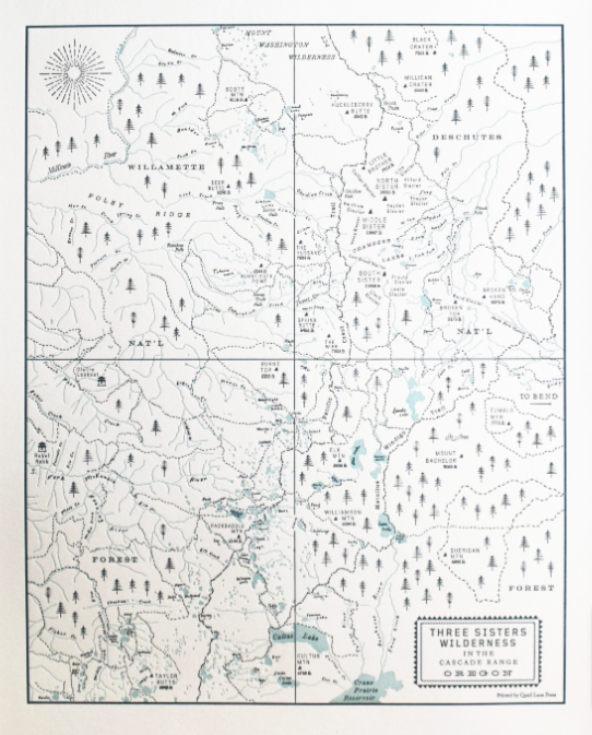 Framed - Three Sisters Wilderness Map by Quail Lane Press